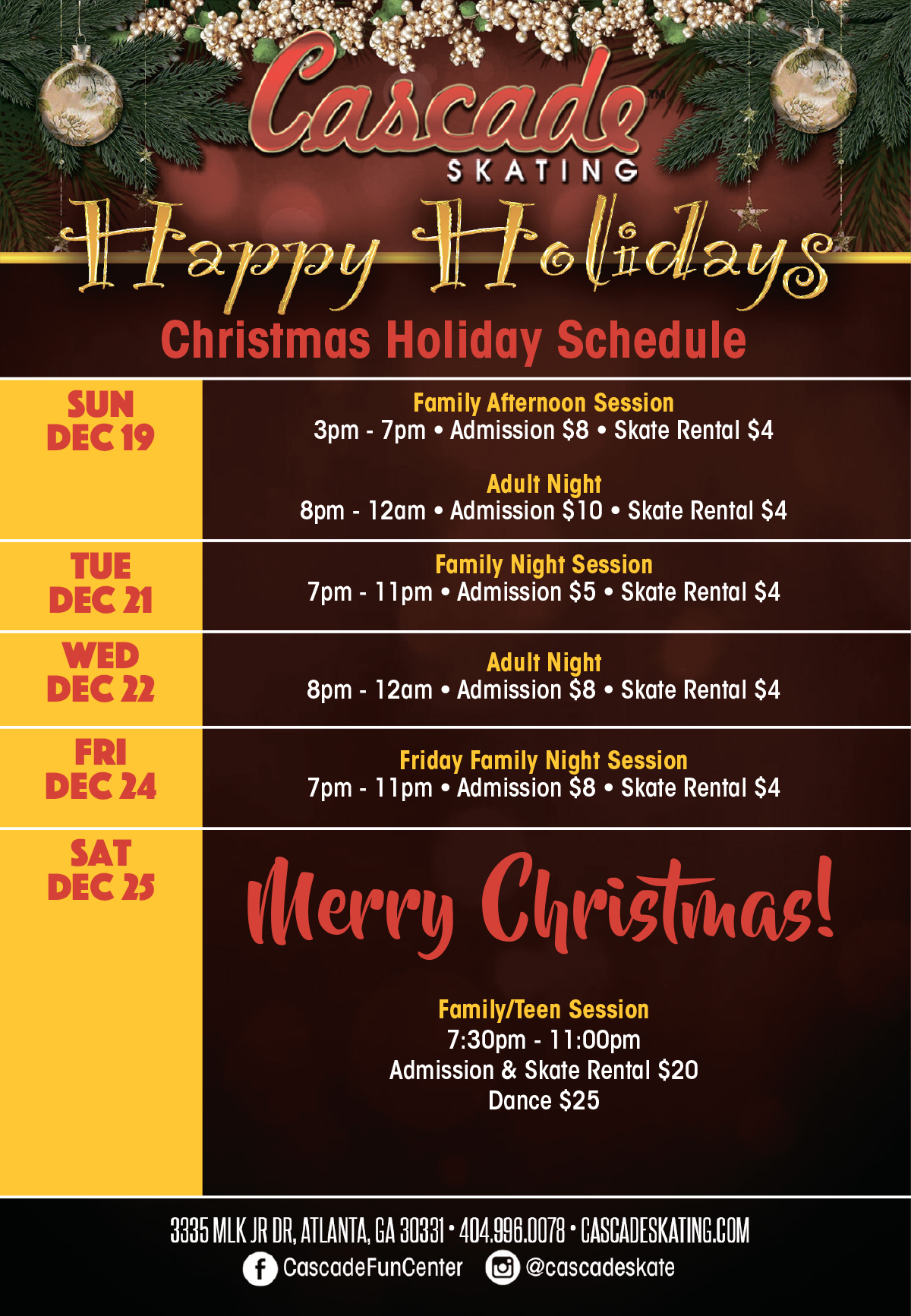 Holiday Schedule Cascade Fun Center